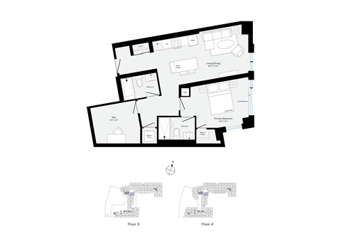 Floor plan for 1 bed, 2 baths, 764 sqft